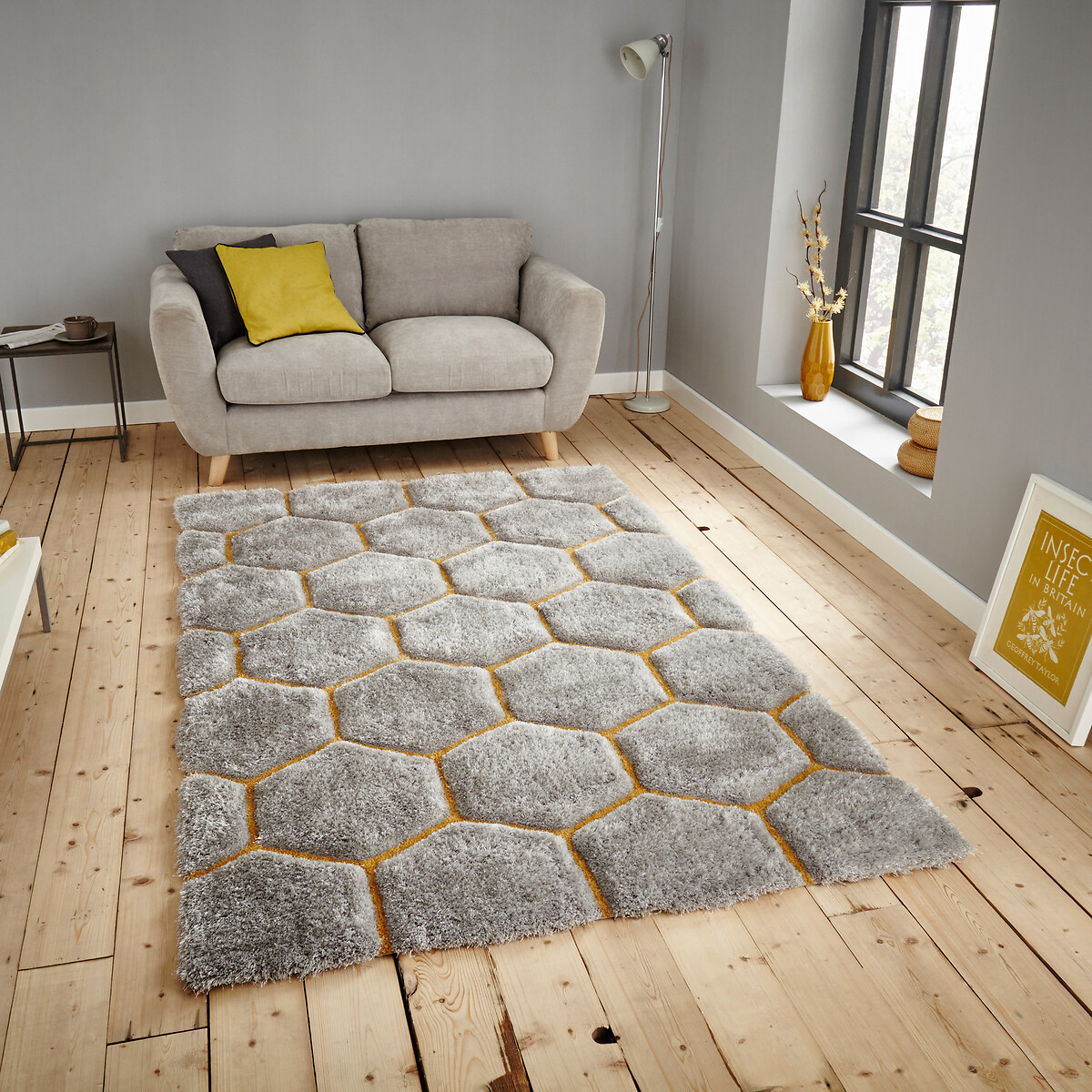 Geometric Hexagon Hand Carved Shaggy Rug, SO'HOME