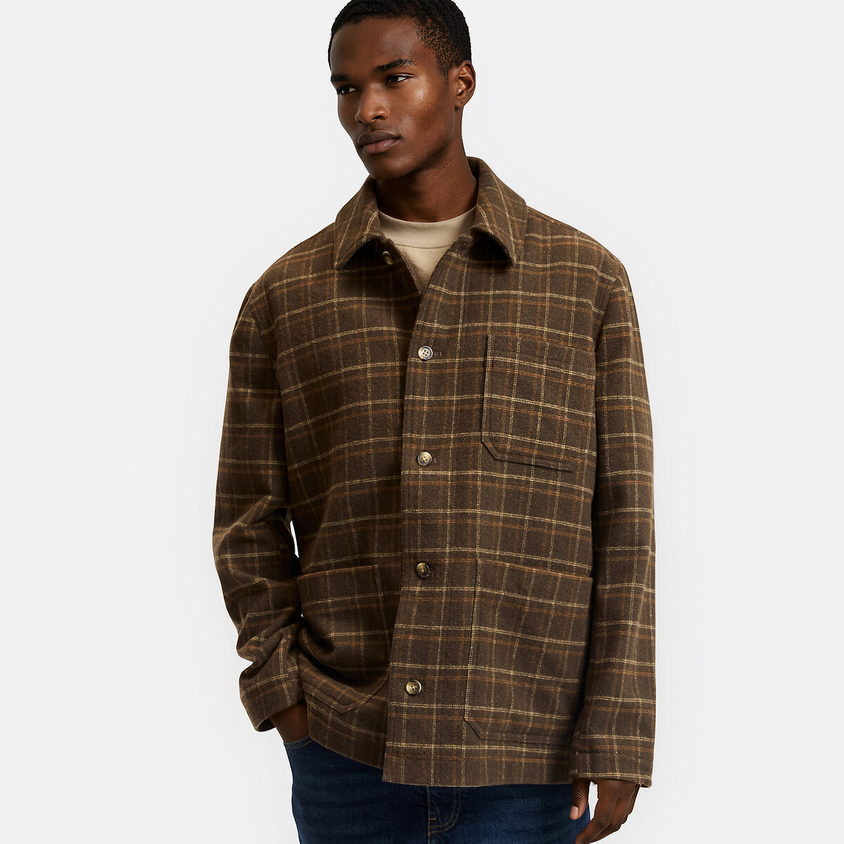 Checked Long Straight Fit Jacket, LA REDOUTE COLLECTIONS