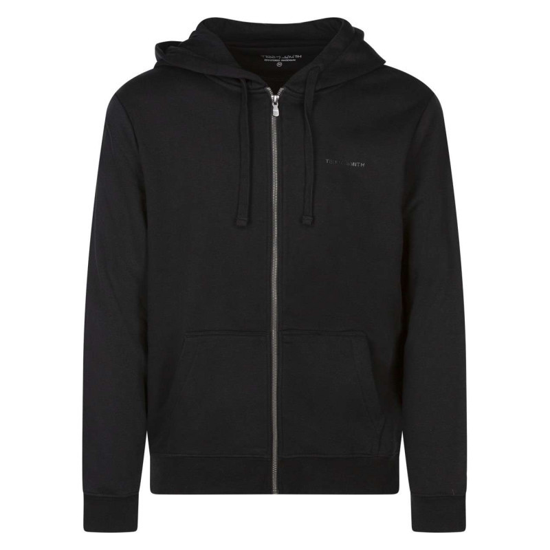 Sweat à capuche zippé en coton mélangé noir uni avec le nom de la marque, TEDDY SMITH