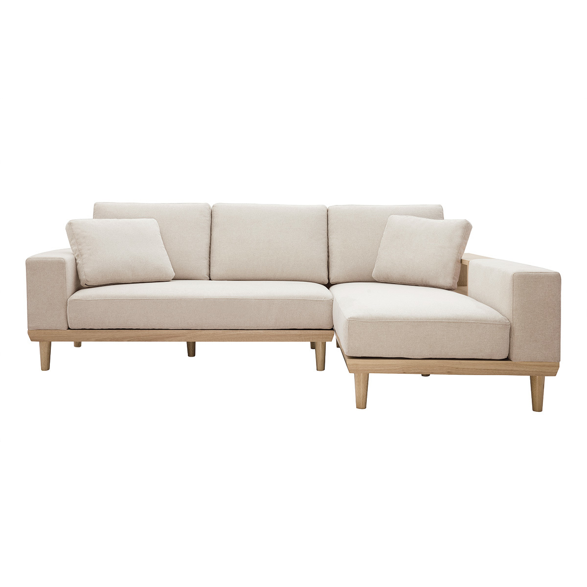 Canapé d'angle droit 5 places avec rangements en tissu effet velours texturé beige et bois clair KOMAO, MILIBOO
