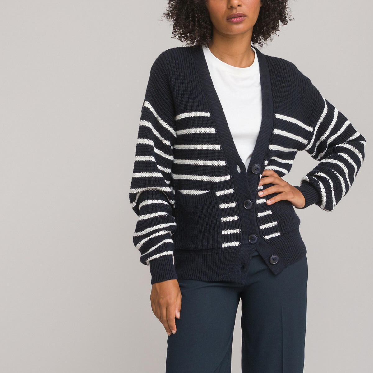 Breton striped cardigan in cotton mix with button fastening, striped ...