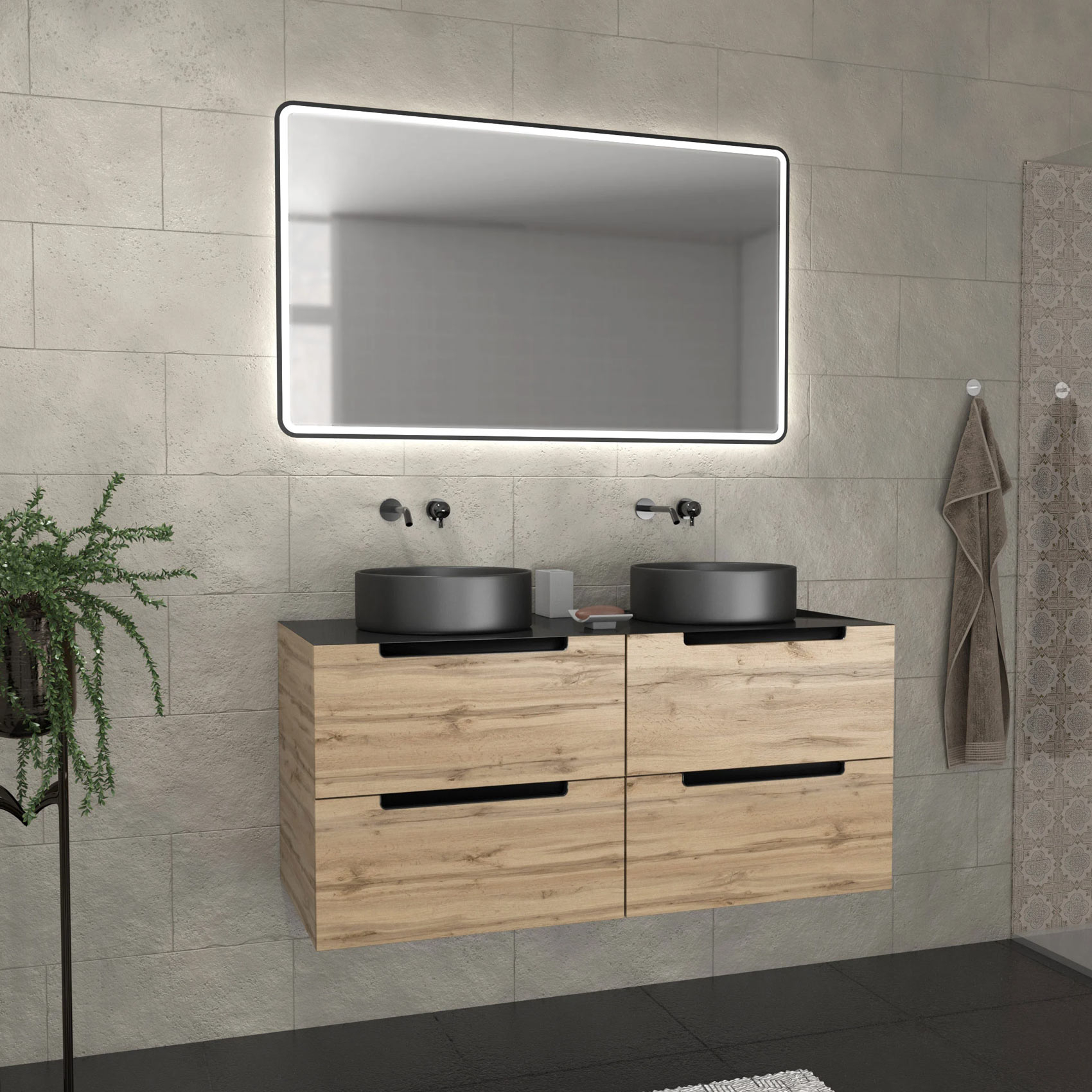 Meuble de salle de bains avec 2 vasques rondes et 1 miroir rectangulaire à led noir, HOME MAISON