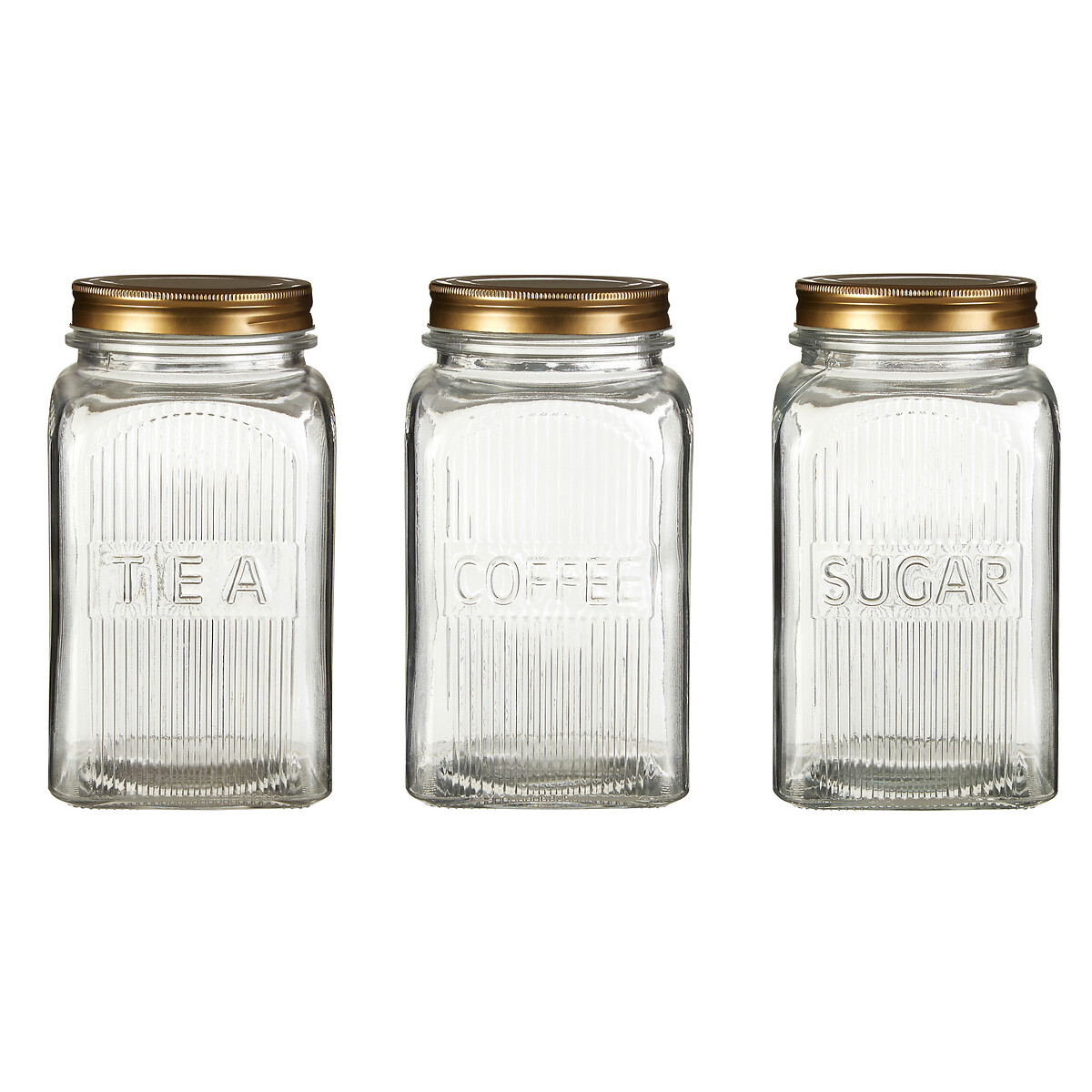 Set of 3 Embossed Glass Tea Coffee Sugar Jars with Gold Lids, SO'HOME