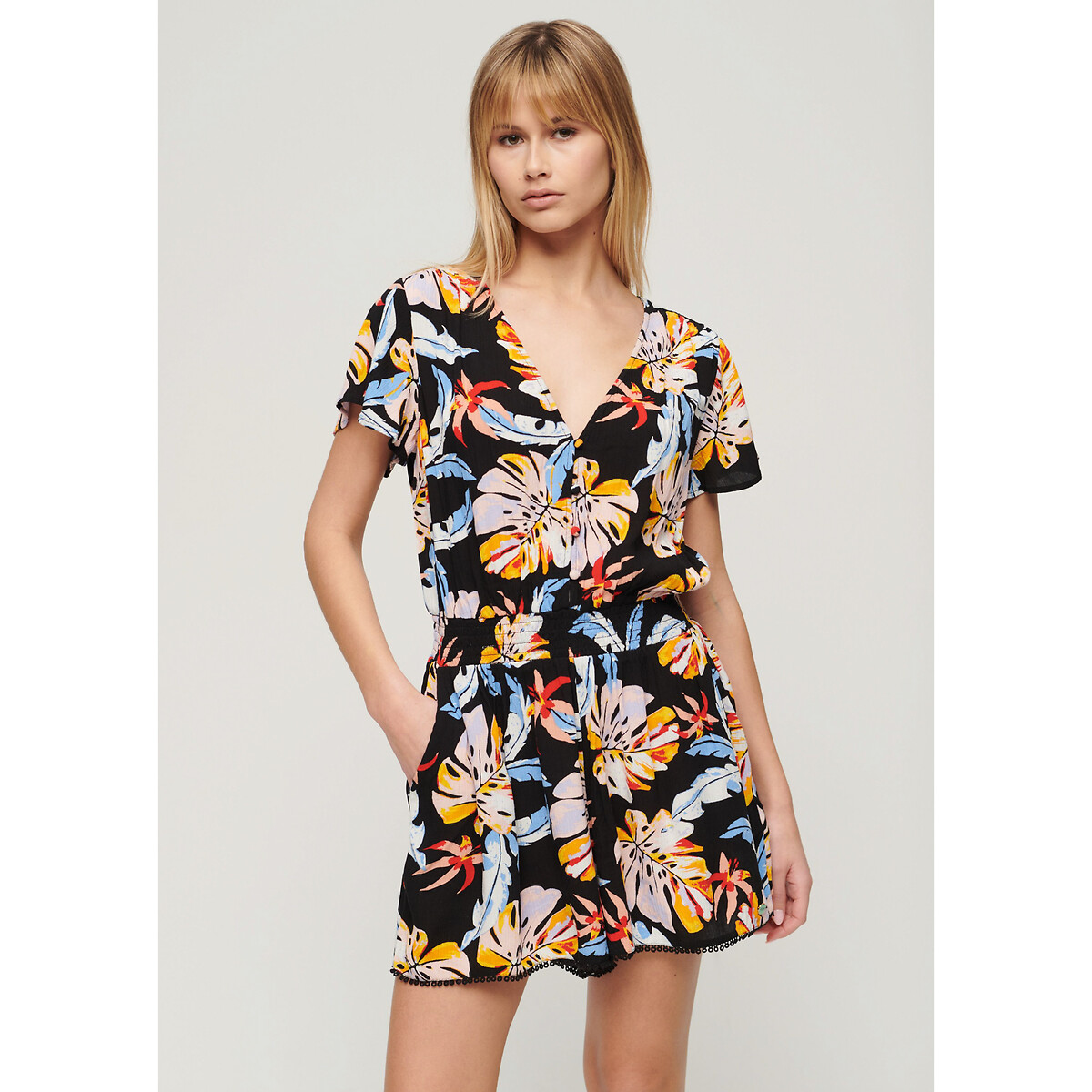 Image of Leaf Print Playsuit with Short Sleeves