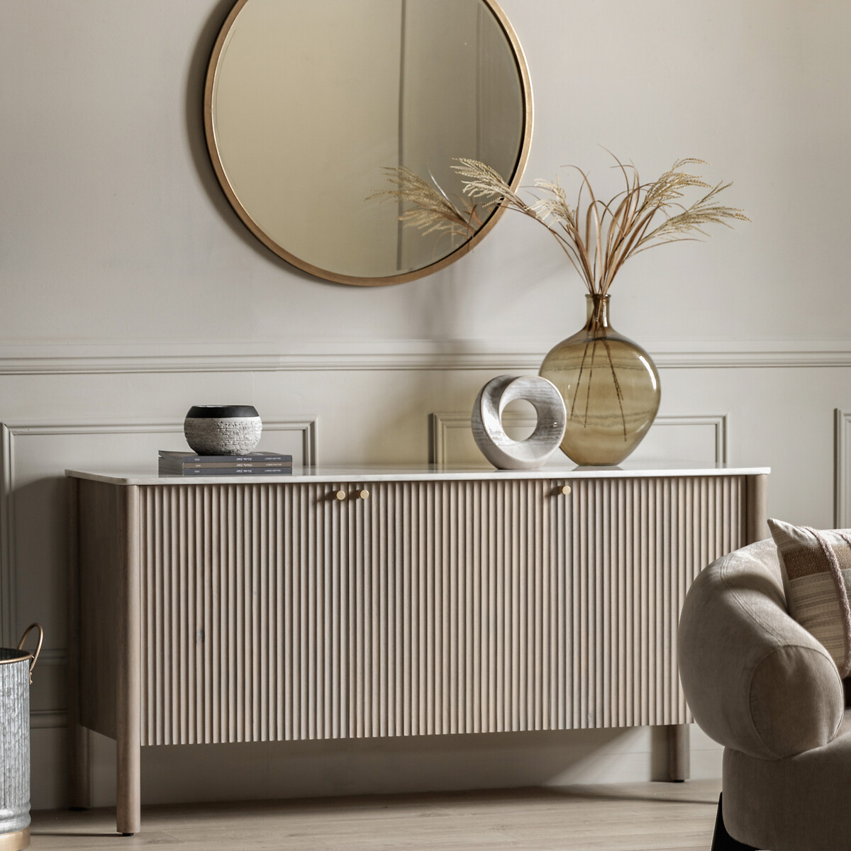 Manor Ribbed Wood 3 Door Sideboard with Marble Top, ÉDITÉ