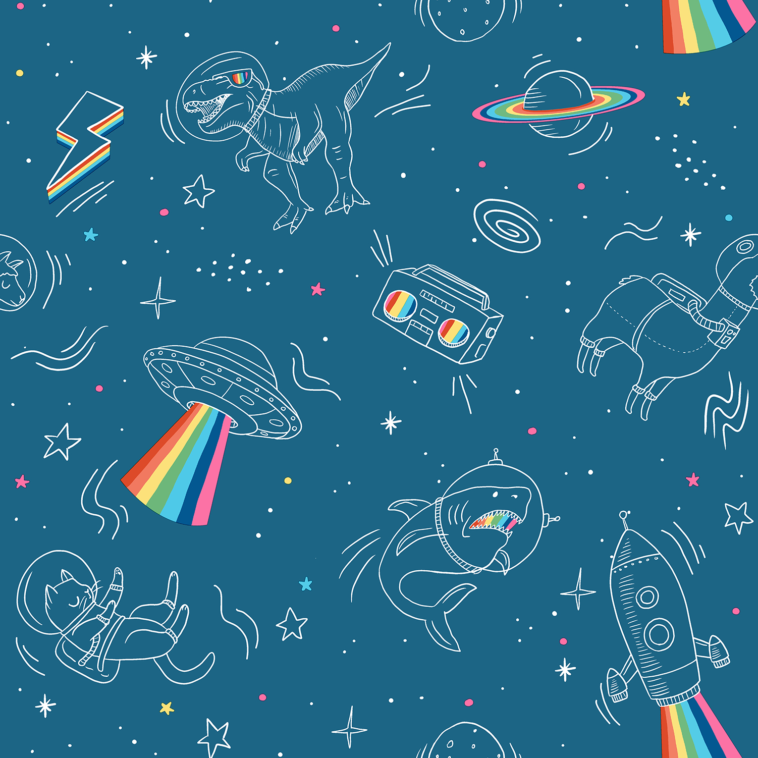 Papier peint enfant espace dinosaures fond bleu, HEXOA