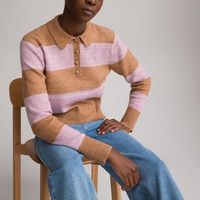 Пуловер с воротником поло в полоску из тонкого трикотажа LA REDOUTE COLLECTIONS