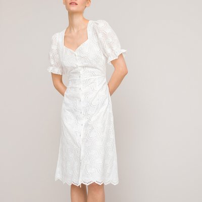 Organic Cotton Midi Dress with Broderie Anglasise and Puff Sleeves LA REDOUTE COLLECTIONS