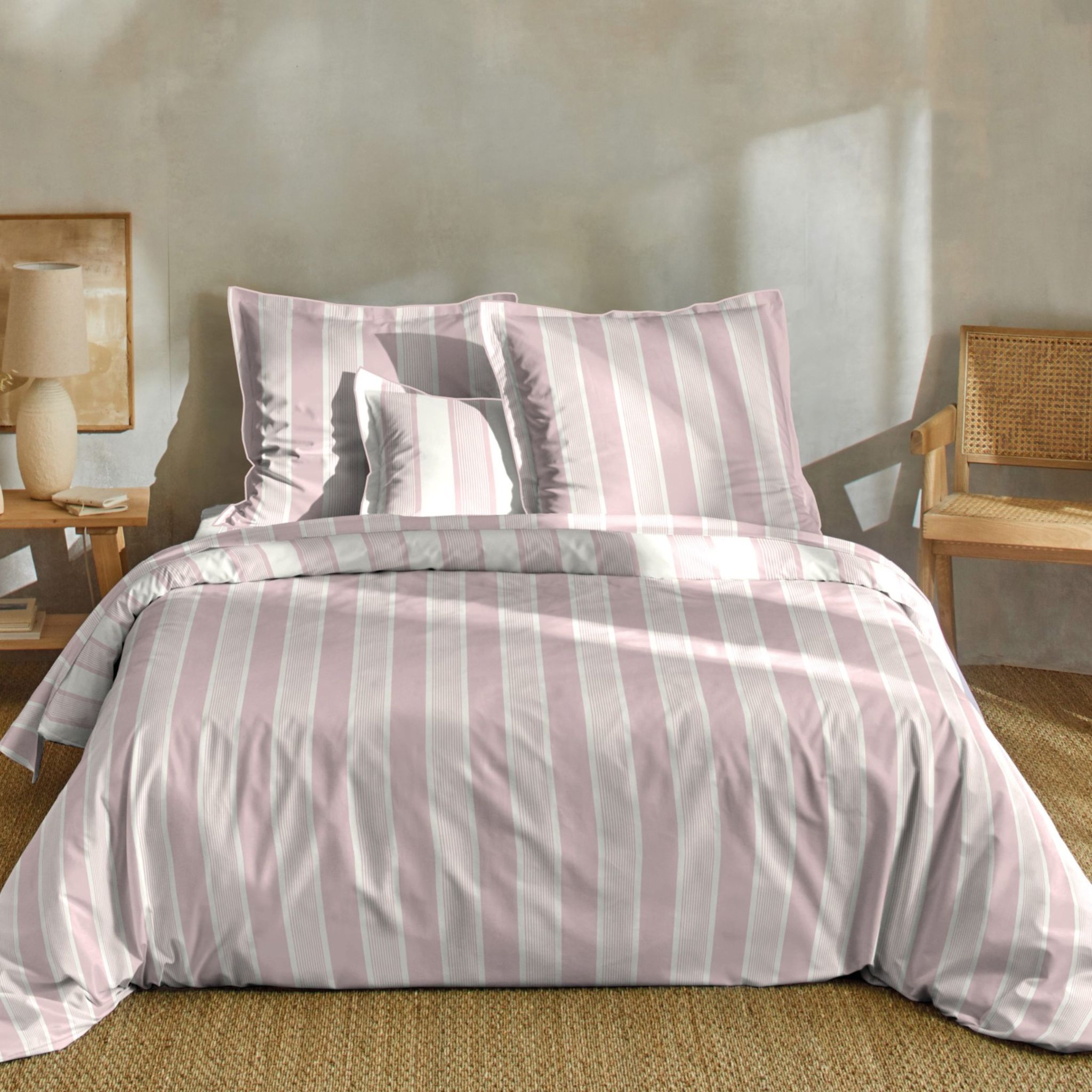 Parure de lit coton rayure rose - Rosalie, TERRE DE NUIT