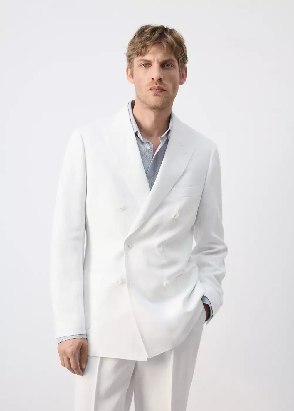 Veste de costume croisée en mélange de lyocell et lin, MANGO MAN
