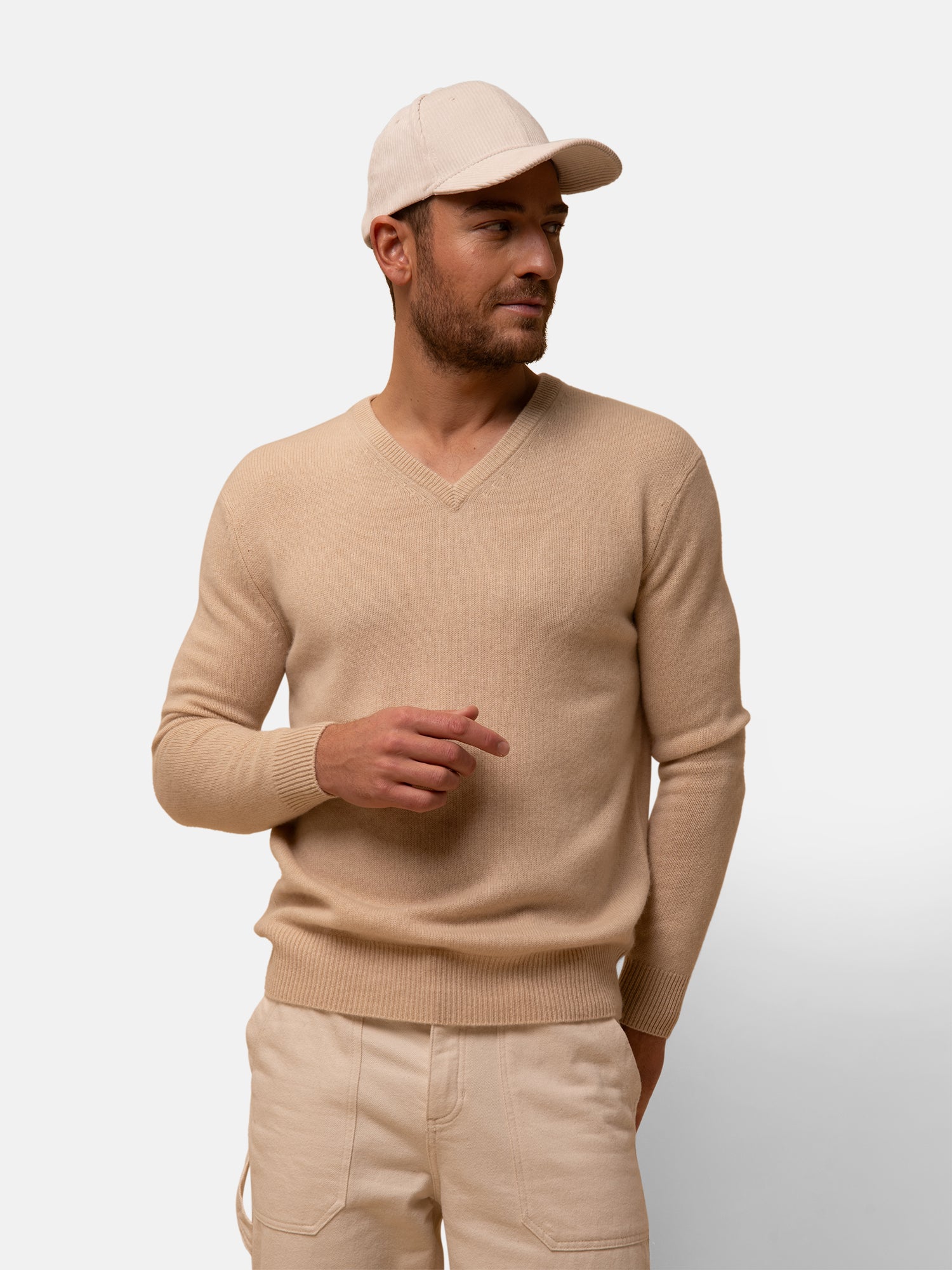 Pull Col V 4 Fils Sable Nathan, JUST CASHMERE