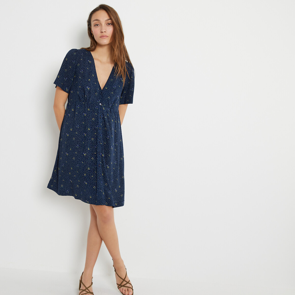 Printed full mini dress with v-neck, print/navy background, La Redoute ...