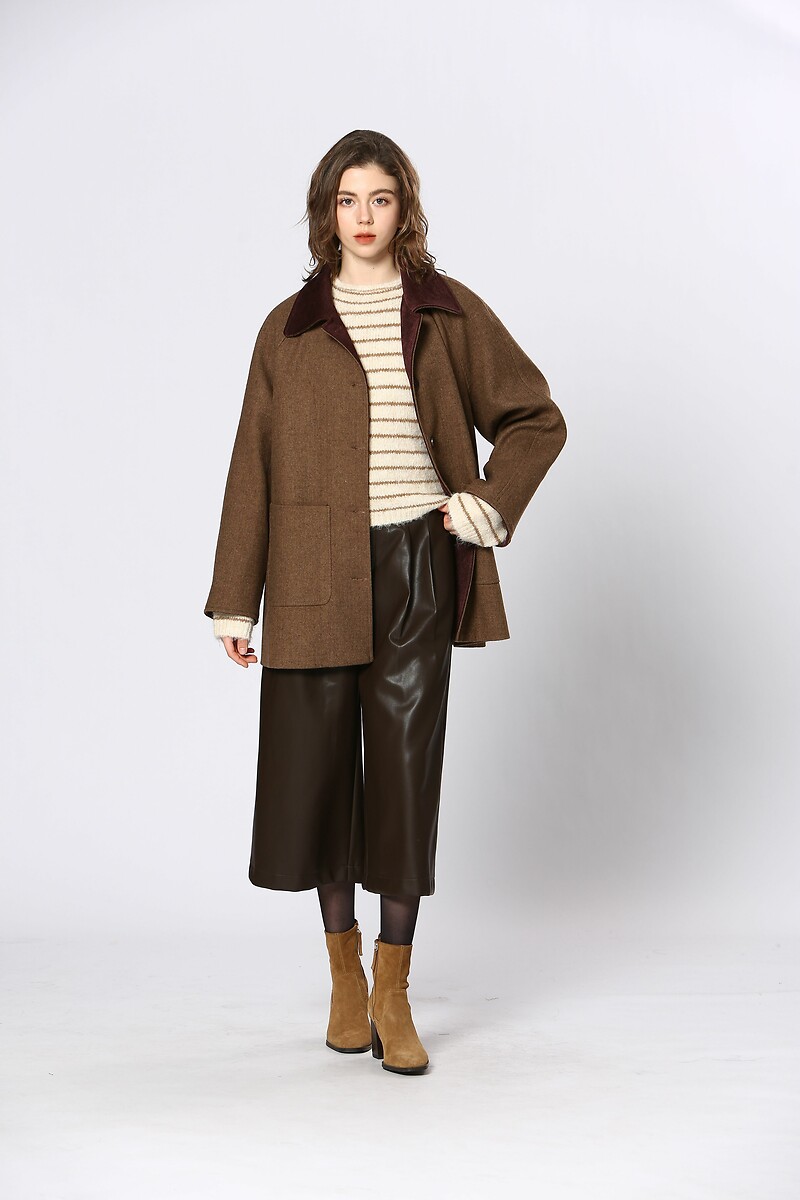 Mid-Length Coat with Velvet Collar, SEE U SOON
