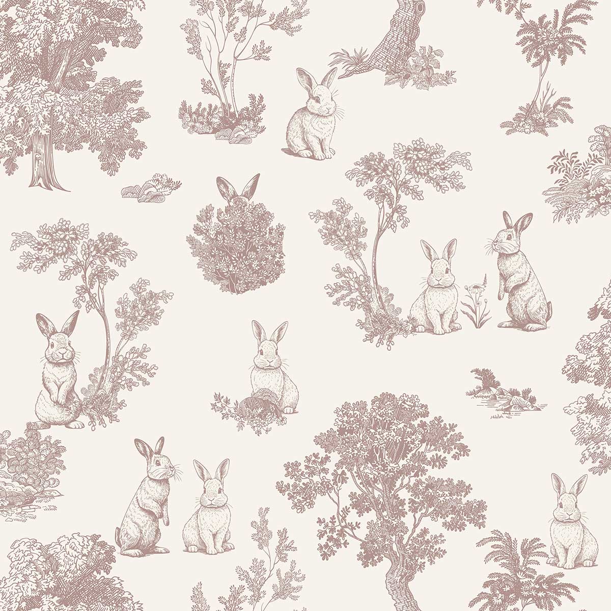 Papier peint lapin toile de Jouy rose blanc, HEXOA