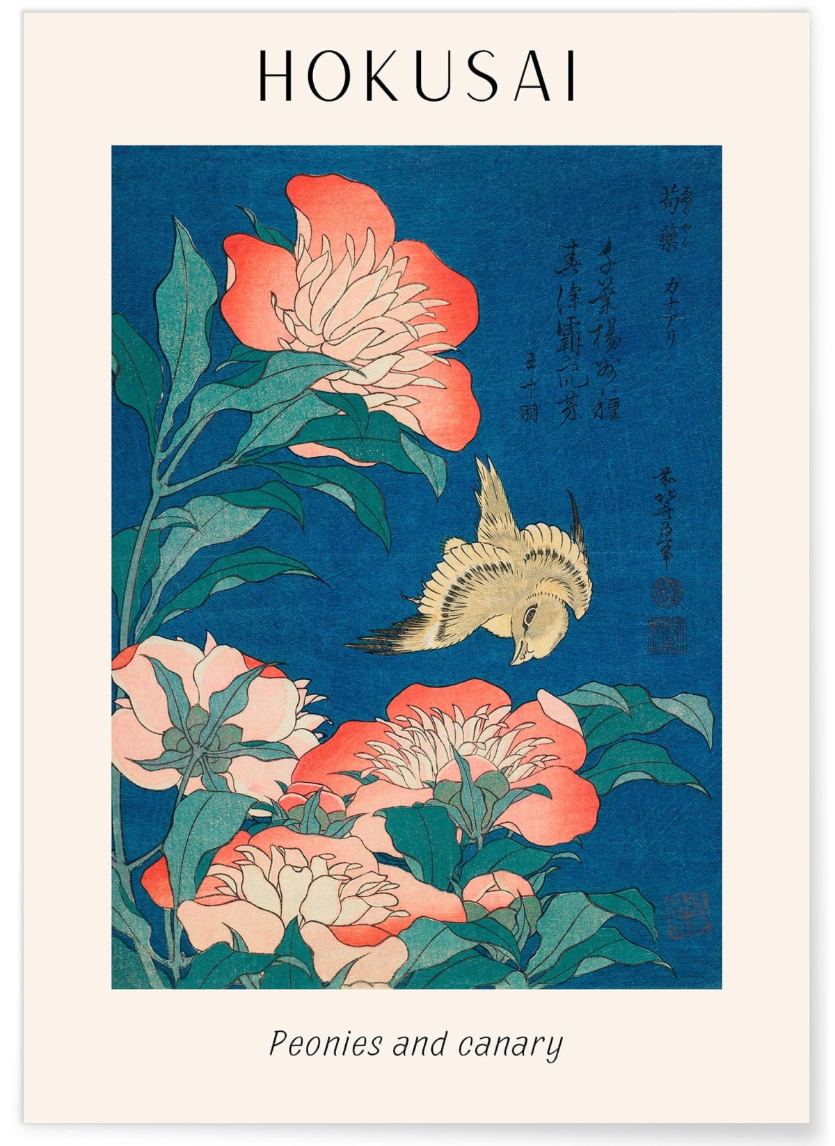 Affiche Hokusai 'Peonies and Canary', L'AFFICHERIE