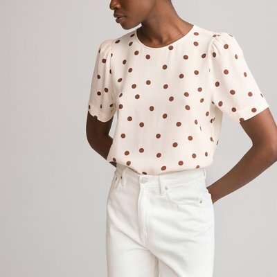 Polka Dot Print Blouse with Crew Neck LA REDOUTE COLLECTIONS