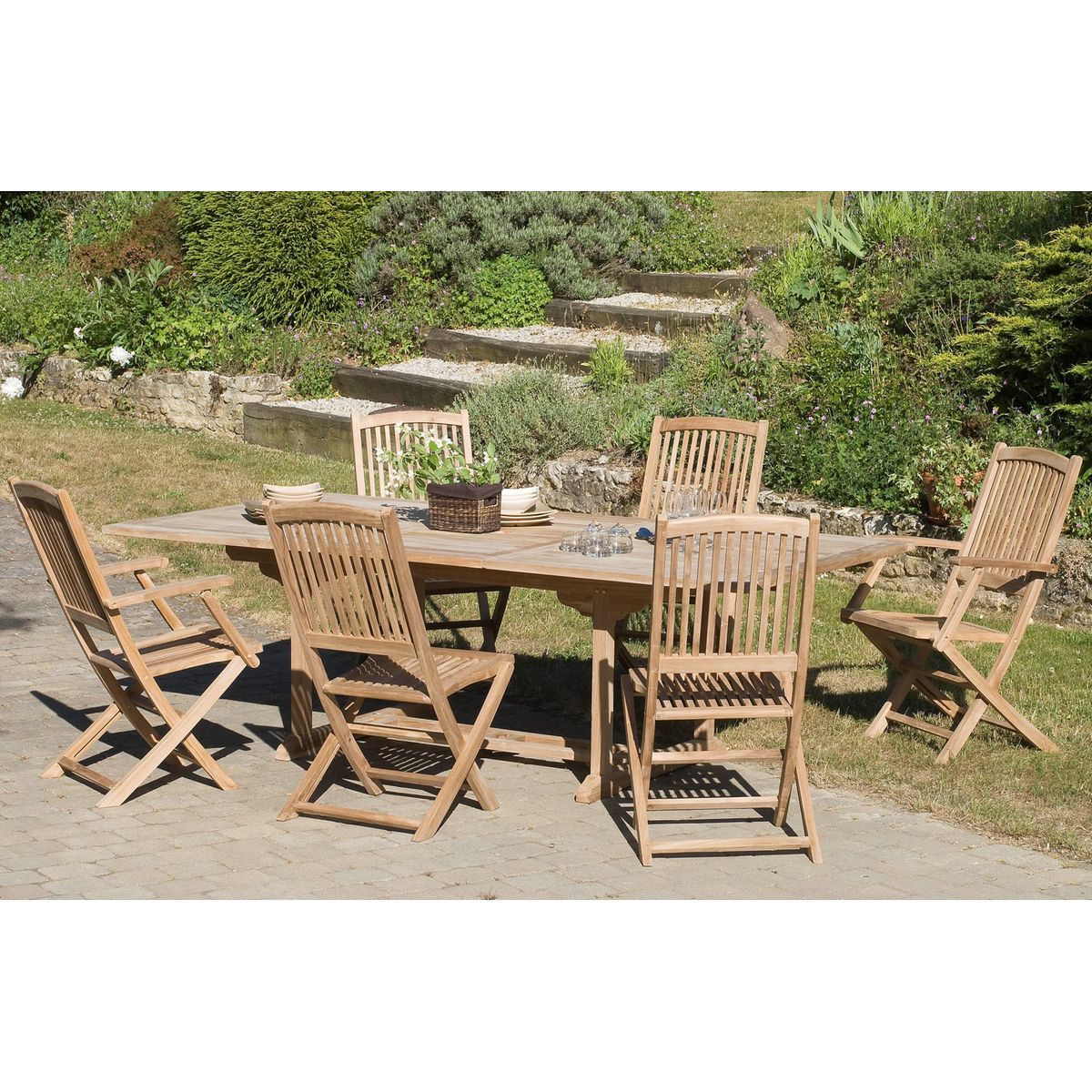 Salon de jardin table d'extérieur extensible rectangle 180/240x100cm 6 chaises  pliantes en bois de teck summer bois naturel Pier Import
