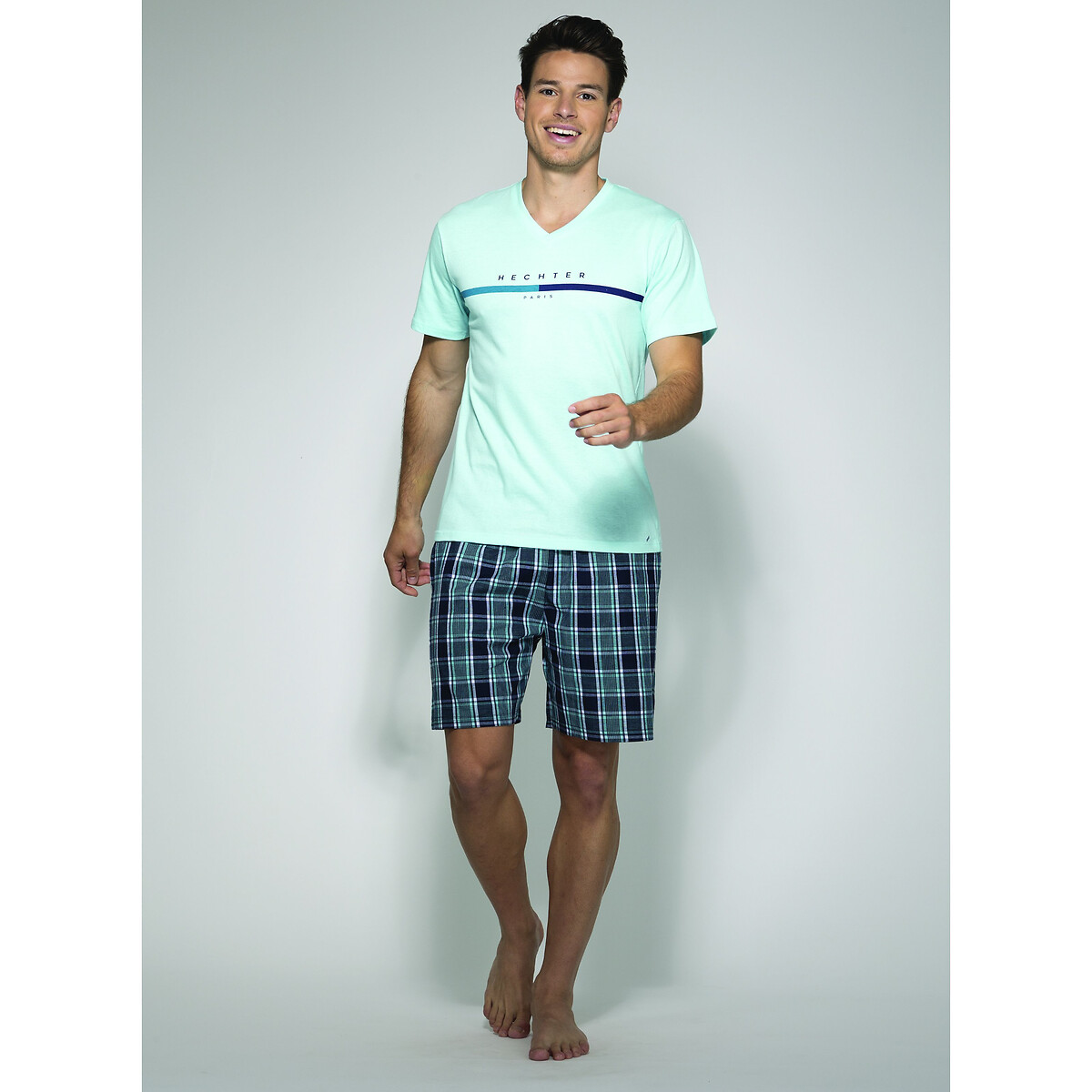 Egee checked short pyjamas in cotton with v-neck , turquoise/navy ...