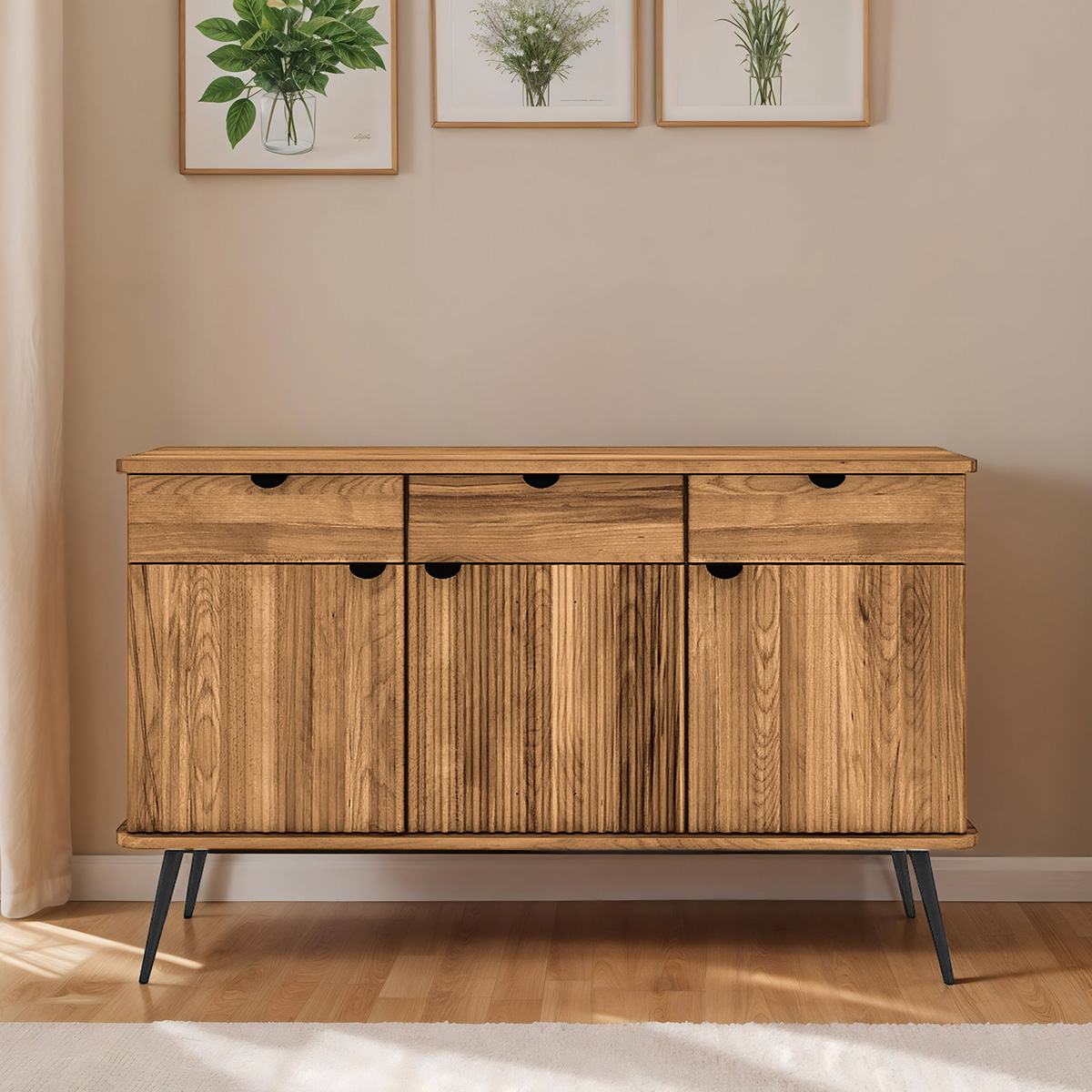 Buffet 144 cm 3 portes 3 tiroirs - Bois massif hêtre - AMALFI, MAISON AUBERTIN