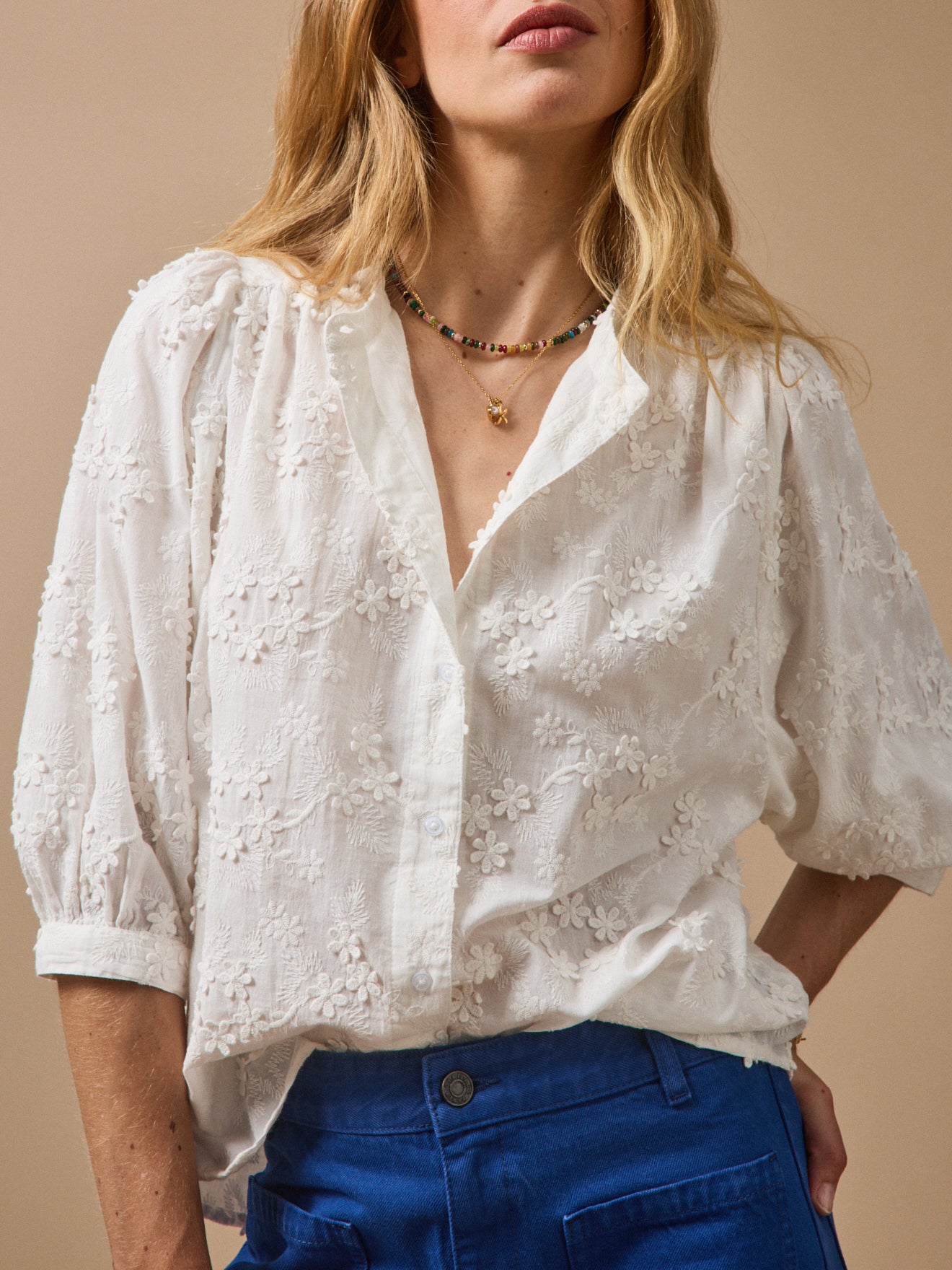 Blouse coton brodée fleurs 3D, CYRILLUS