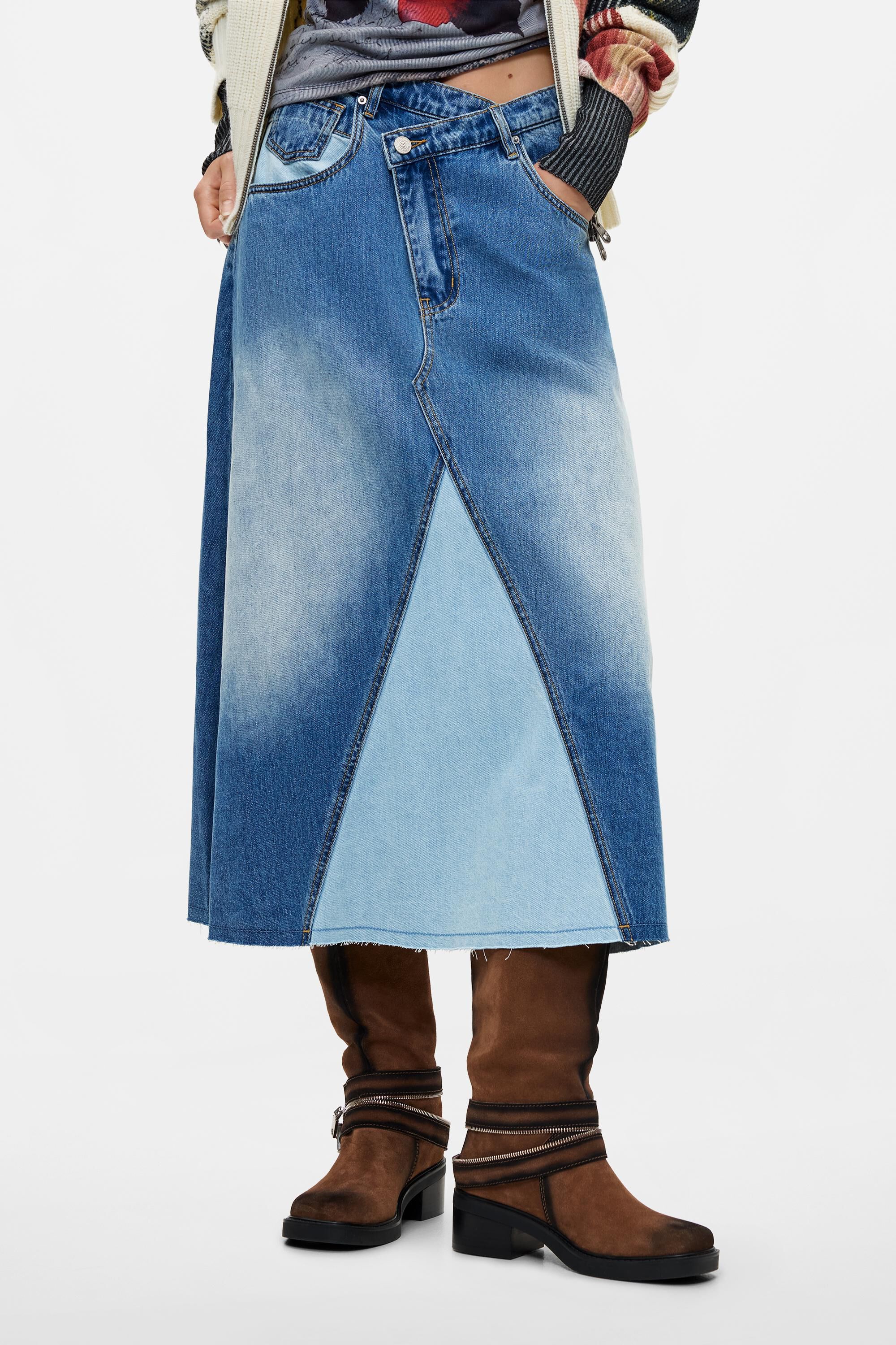 jupe midi en jean combinée, DESIGUAL