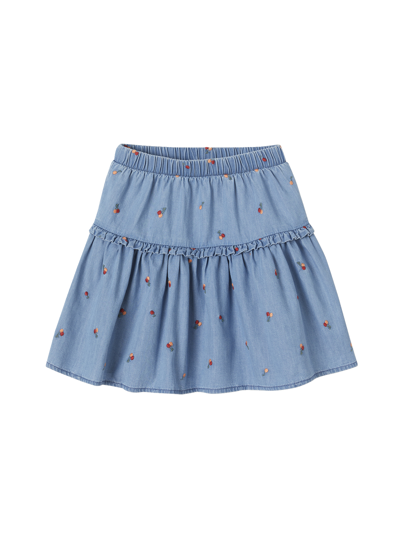 Jupe brodée cerises en denim léger, VERTBAUDET