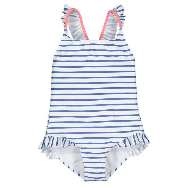 Breton Striped Ruffled Swimsuit, blue striped/white, LA REDOUTE COLLECTIONS
