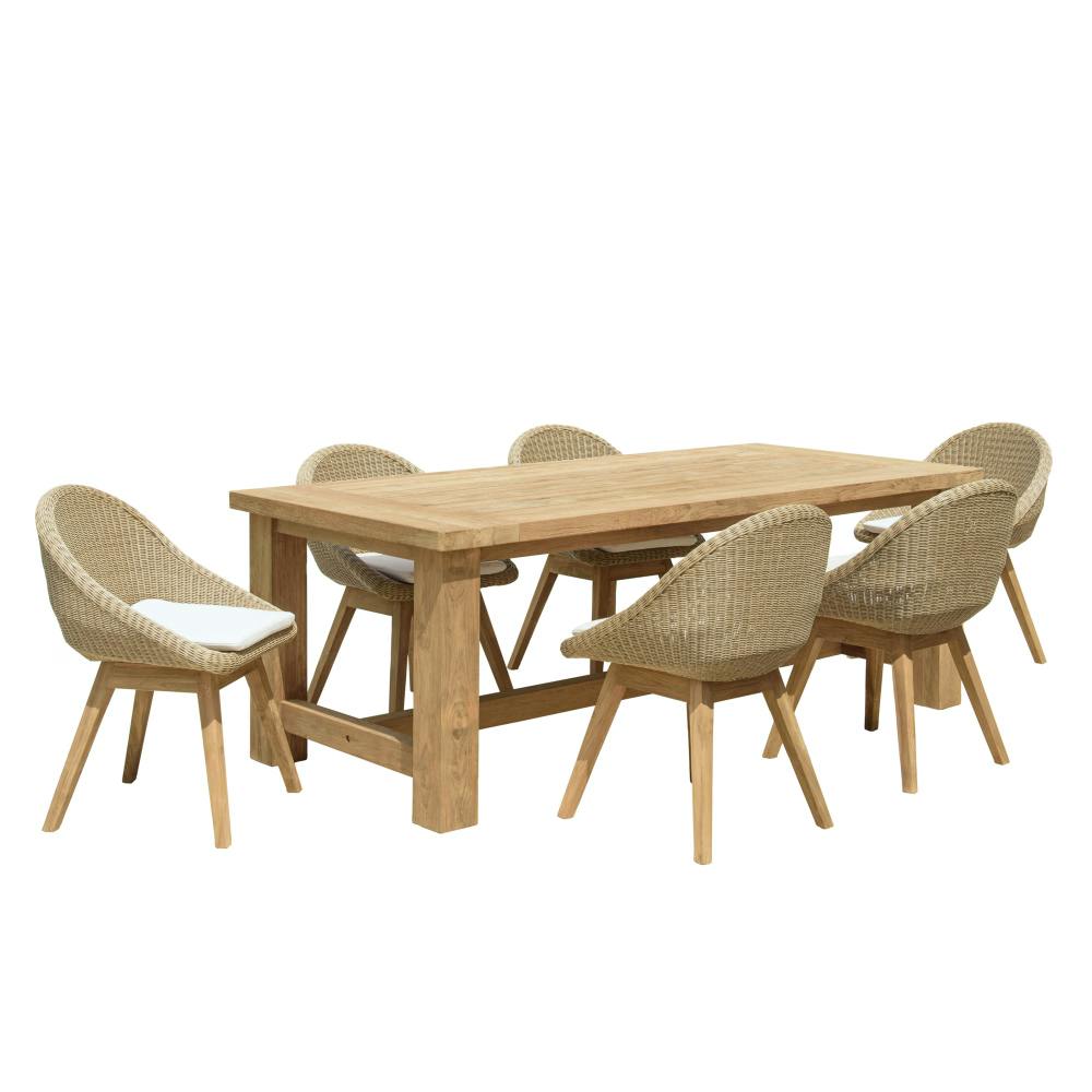 Salon de jardin teck naturel 1 table pieds droits 220 cm + 6 chaises arrondies résine tressée MANY, PIER IMPORT