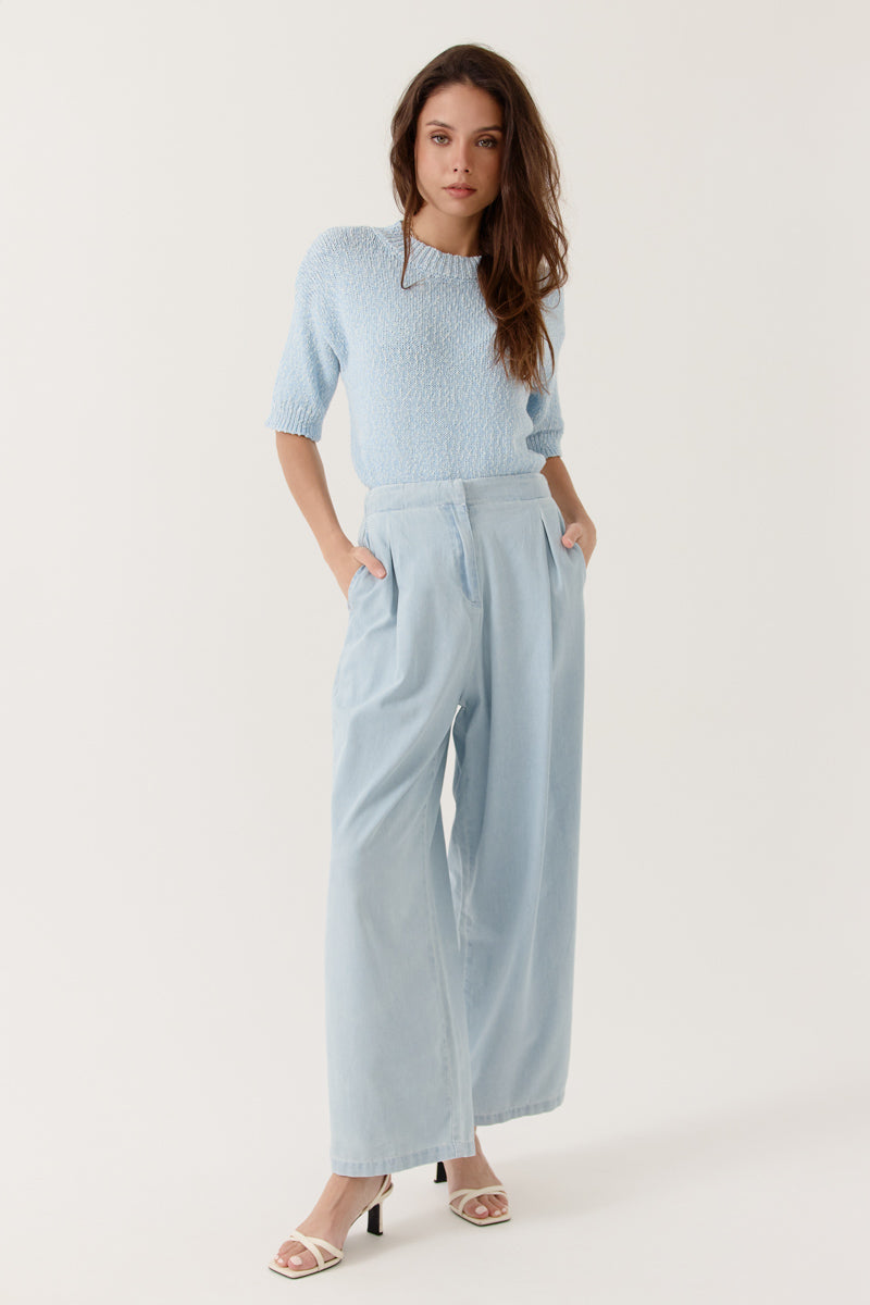 Pantalon Asteria taille haute coupe large fluide denim bleu clair longueur cheville, ARTLOVE