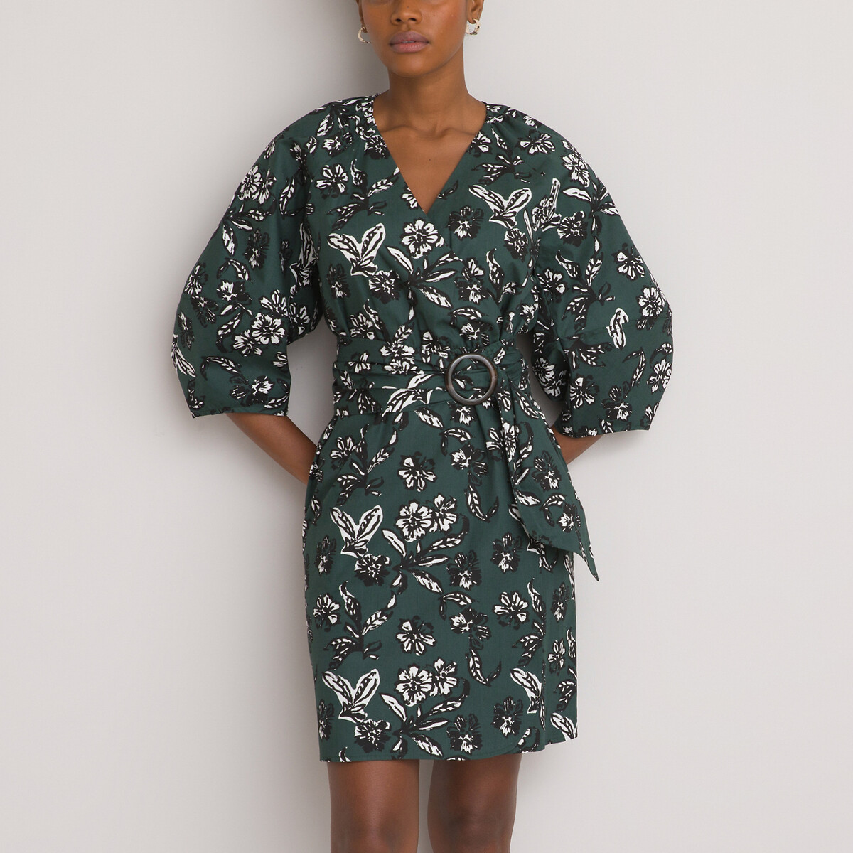 Cotton wrapover mini dress in floral print with puff sleeves , floral  print, La Redoute Collections | La Redoute