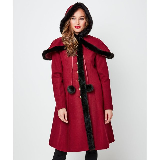 Manteau d'hiver garniture fausse fourrure avec cape rouge Manteau cape hiver | La Redoute