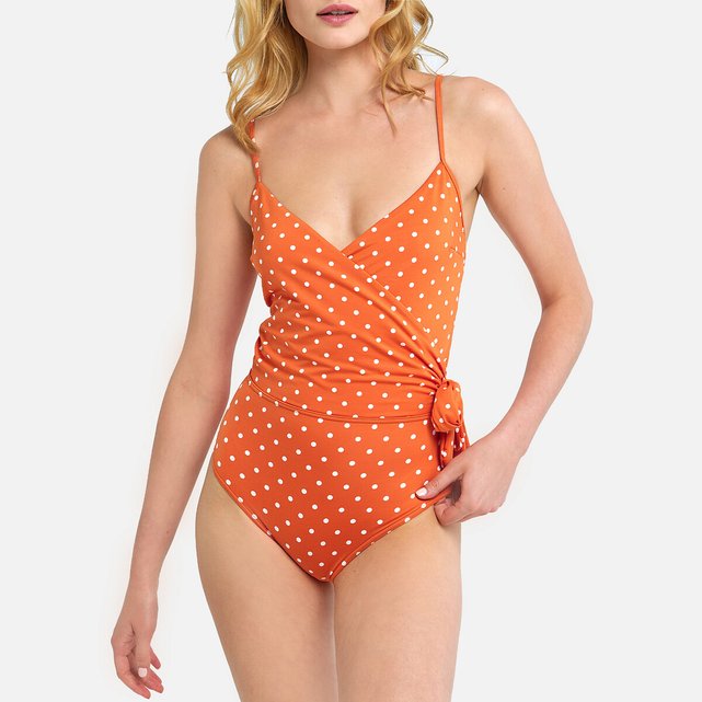 Maillot de bain 1 pièce effet cache-cœur, à pois imprimé ...