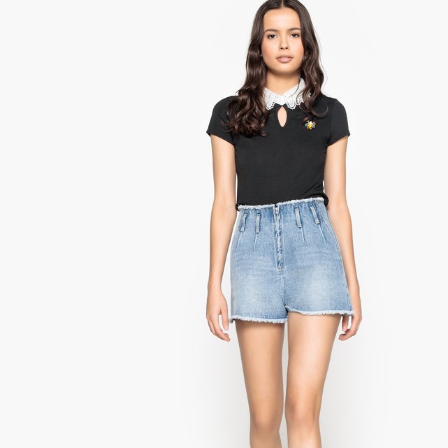 T-shirt com gola claudine em renda, mangas curtas  LA REDOUTE COLLECTIONS image 0