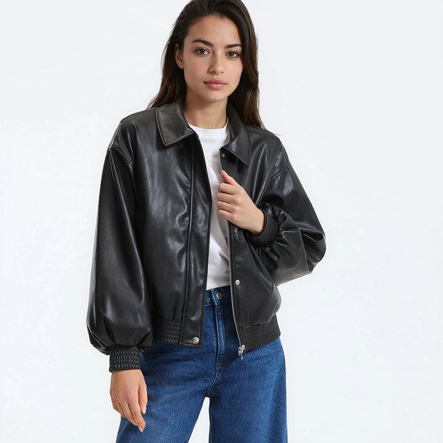 Faux leather short zip-up mid-season jacket, black, La Redoute