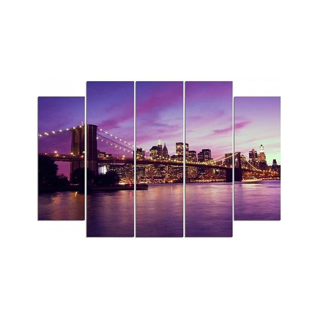 Composition De 5 Tableaux Manhattan Au Coucher Du Soleil Imprimé Sur Toile