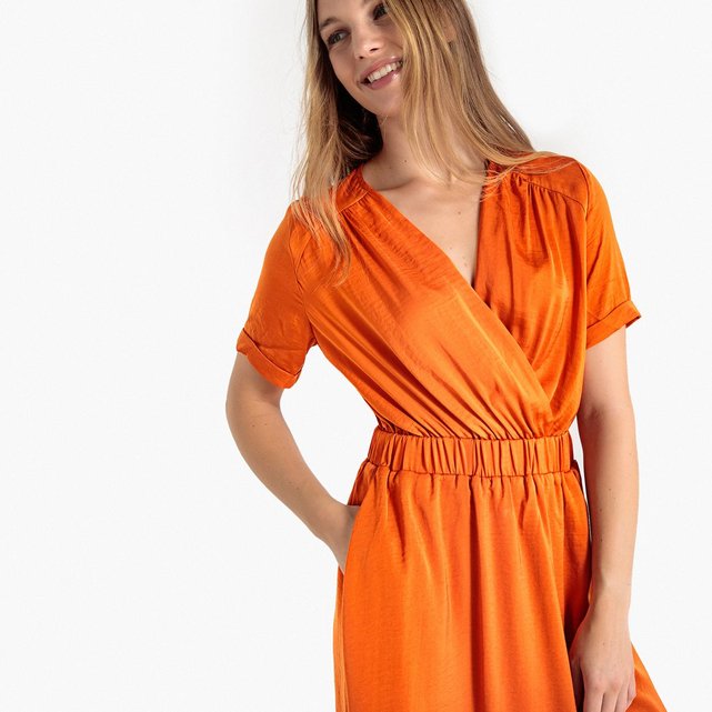 Robe portefeuille, effet satiné, taille élastiquée caramel ...