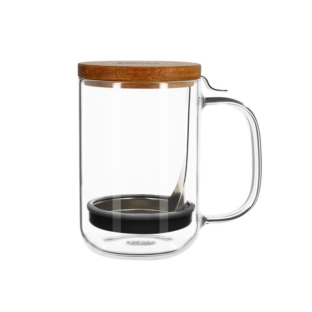 Mug à café en verre et couvercle en bois 450ml Couleur  inox-naturel-transparent Ogo Living