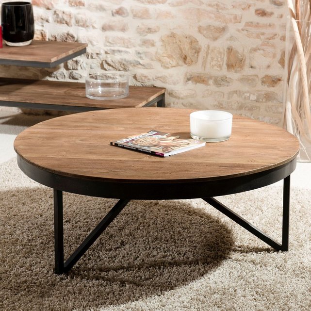 Table basse ronde 90cm plateau bois naturel teck recyclé ...