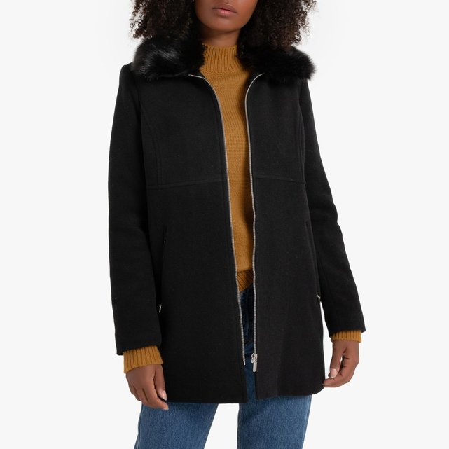 Manteau en laine mélangée, col imitation fourrure noir La Manteau lola | La Redoute