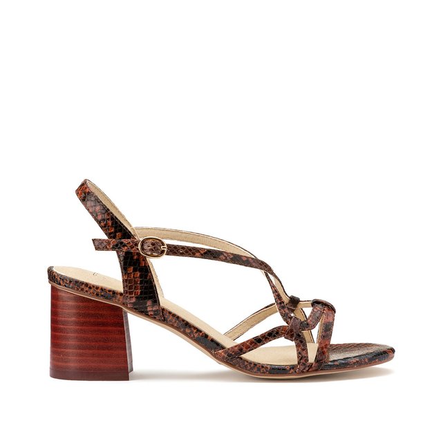 Snake print leather sandals with block heel brown La Redoute 