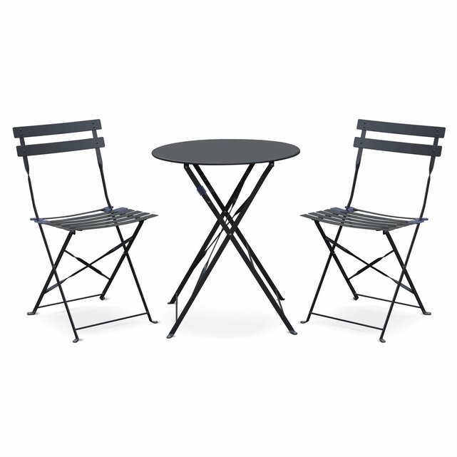 Salon de jardin bistrot pliable Emilia rond gris taupe, table ?60cm avec deux chaises pliantes, acier thermolaqué