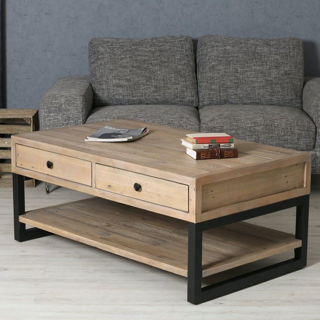 Table basse style industriel en bois recyclé avec tiroirs et pieds