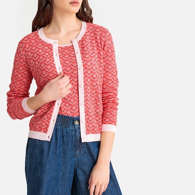 Pointelle knit cardigan , pink/red, La Redoute Collections La Redoute