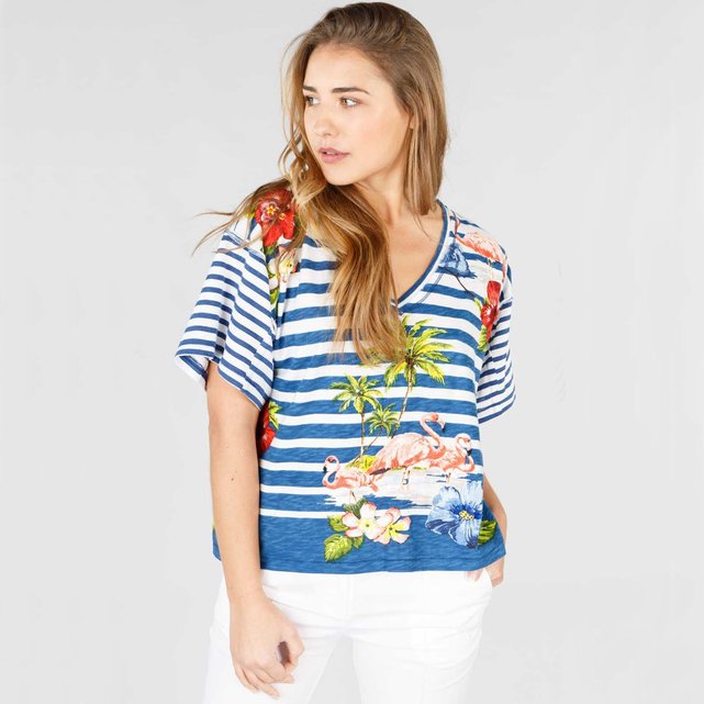 T-shirt com decote em V às riscas e às flores, mangas curtas  DERHY image 0