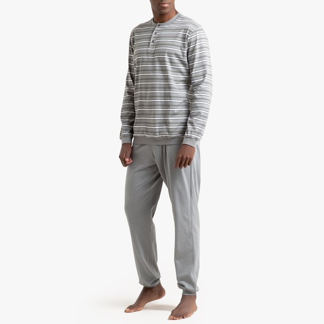 Pyjama manches longues col tunisien rayé gris/blanc La ...
