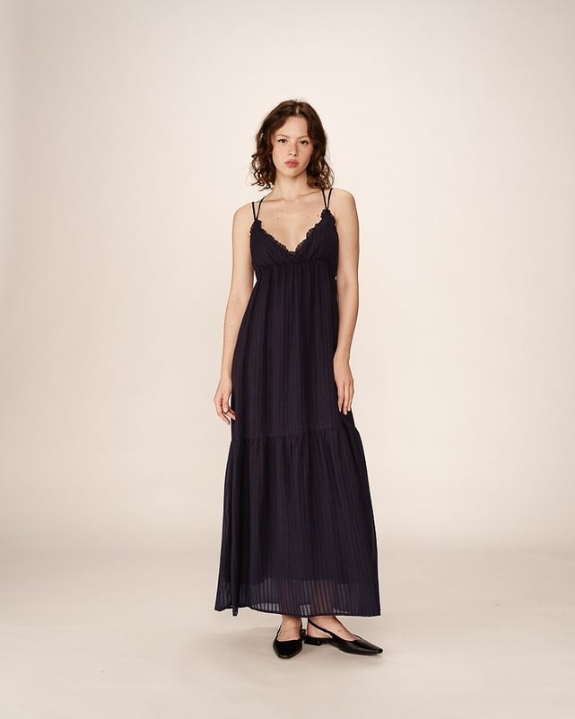 Robe Midi Vintage Ritu Kumar Taille 40 - Bretelles, Plastron Croisé Brodé, Bleu Marine En Coton/viscose