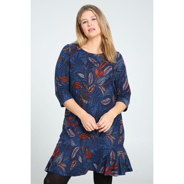 Robe Maille Chaude Imprime Feuillage Col Rond Manches 3 4 Indigo Paprika La Redoute