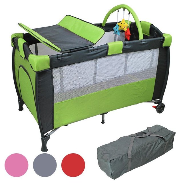 Lit bébé parapluie 60 x 120 cm avec matelas, plan à langer, hamac et jouets vert vert Monsieur