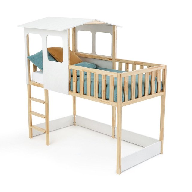 Lit cabane mi-hauteur avec sommier, sebara blanc/bois La Redoute Interieurs  | La Redoute