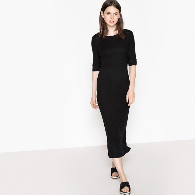 Robe Mi-longue Unie, Manches Coudes Noir La Redoute Collections | La ...